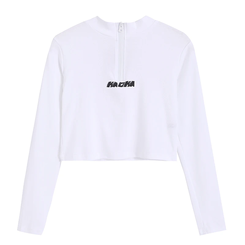 

Ins Slim Crop Tops Korean Fashion Clothing Autumn New Black Print Zipper Long Sleeve T-shirts O-neck Tees Hipster Streetwear