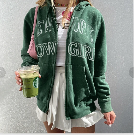 

2021 New Women\u2019s Zip Up Hoodies Long Sleeve Letter Print Oversized Sweatshirts with Pockets