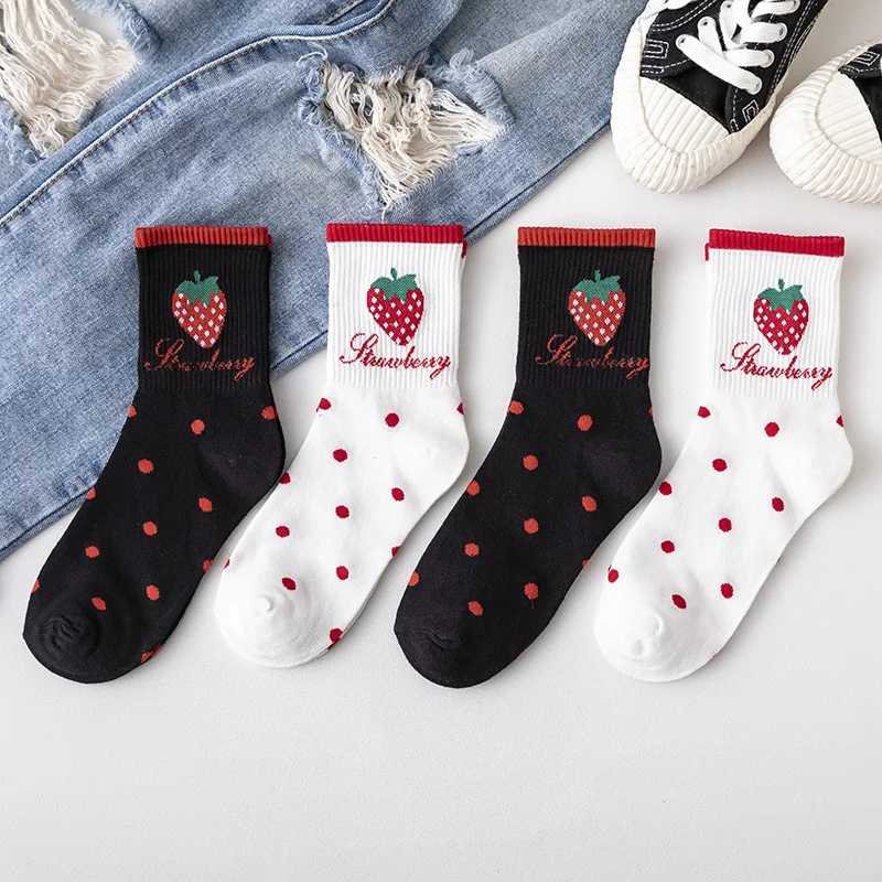 

3pcs Korean Socks Women Strawberry Pattern Breathable Girls Sock College Student Cartoon Stockings Female Fashion Cotton Socks