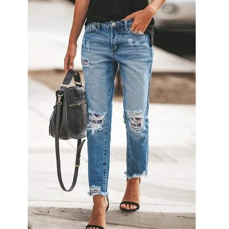 

ZQLZ Hole Ripped Jeans Women Vintage Knee Hole Skinny Denim Pants Mid Waist Casual Cool Pencil Pants Female Stretch Trousers