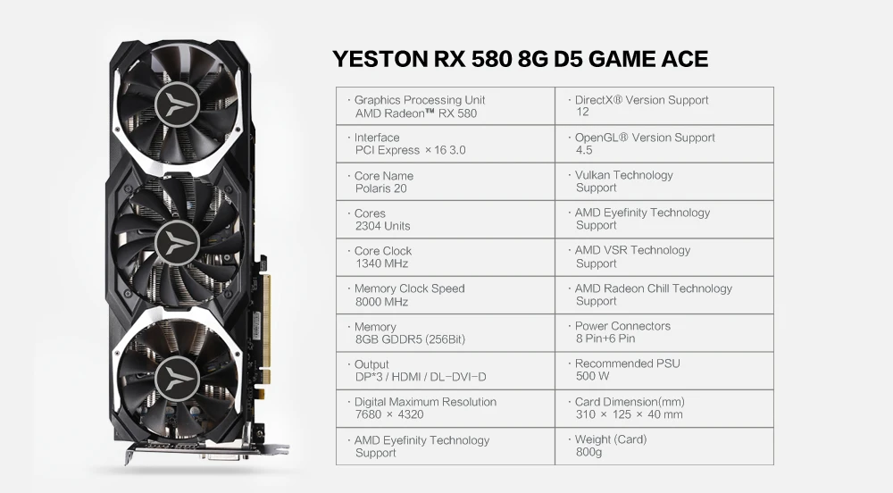 Yeston Radeon RX 580 GPU 8 ГБ GDDR5 256 бит игровой настольный компьютер ПК видеокарты Поддержка DVI/HDMI