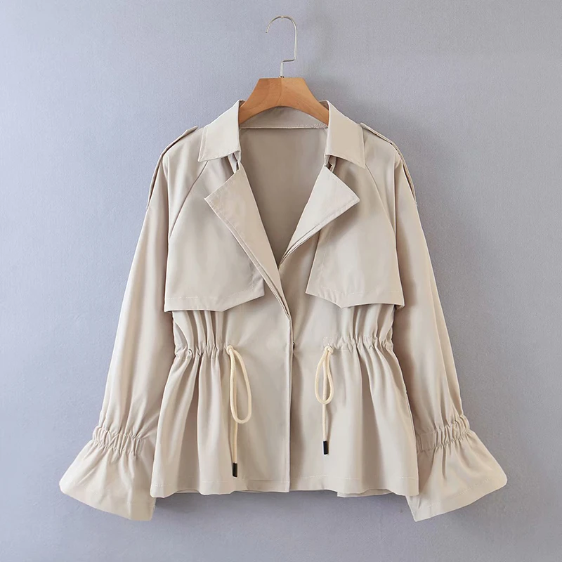 

Women Short Trench Coat 2021 Spring Autumn New Thin All-Match Outerwear Slim Waist Turn-Down Collar Drawstring Lady Windbreaker
