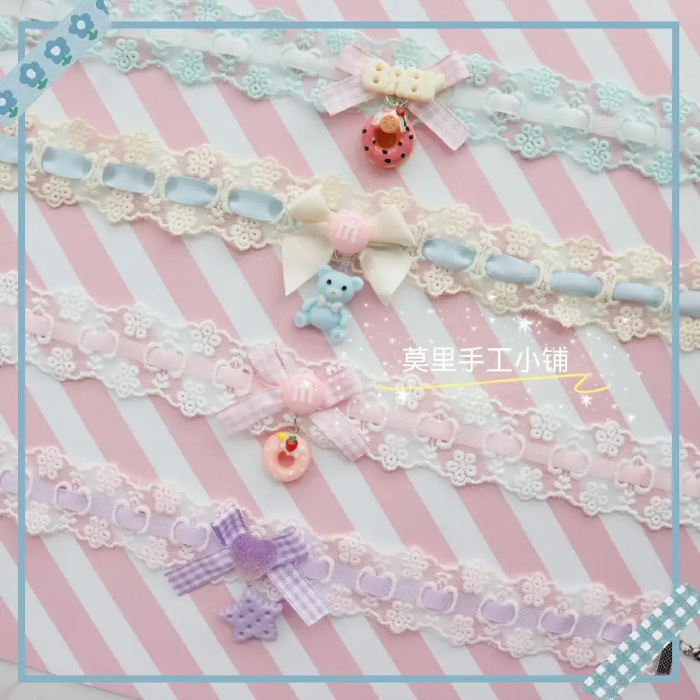 

Handmade Lolita Girl Sweet Harajuku Pink Blue Yellow Lace Necklace Collar Neckband Choker Bow Sweet Princess Gift