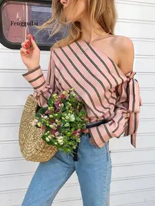 Блузка женская в полоску, повседневный Топ с длинным рукавом и V-образным вырезом, рубашка на лето