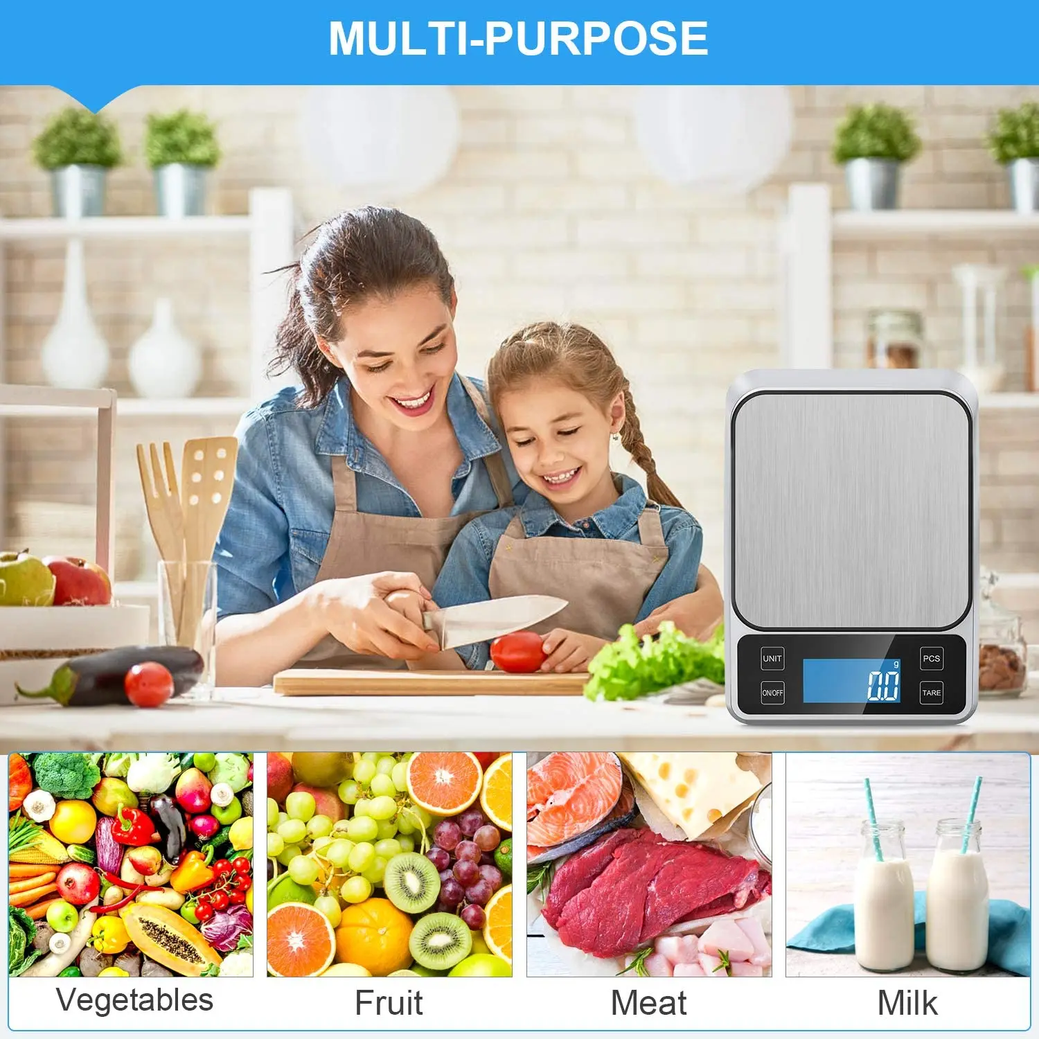 

USB Rechargeable Food Scale,Digital Kitchen Scale Weight Grams and Oz for Cooking and Baking, Stainless Steel Surface, Large Bac