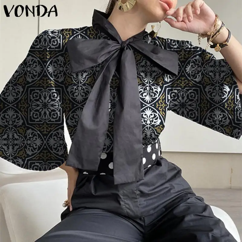 

VONDA Autumn Tops Women Vintage Pleated 3/4 Flare Sleeve Blouse Bohemian Blusas Femininas OL Office Shirts Bow Neck Printed Tops