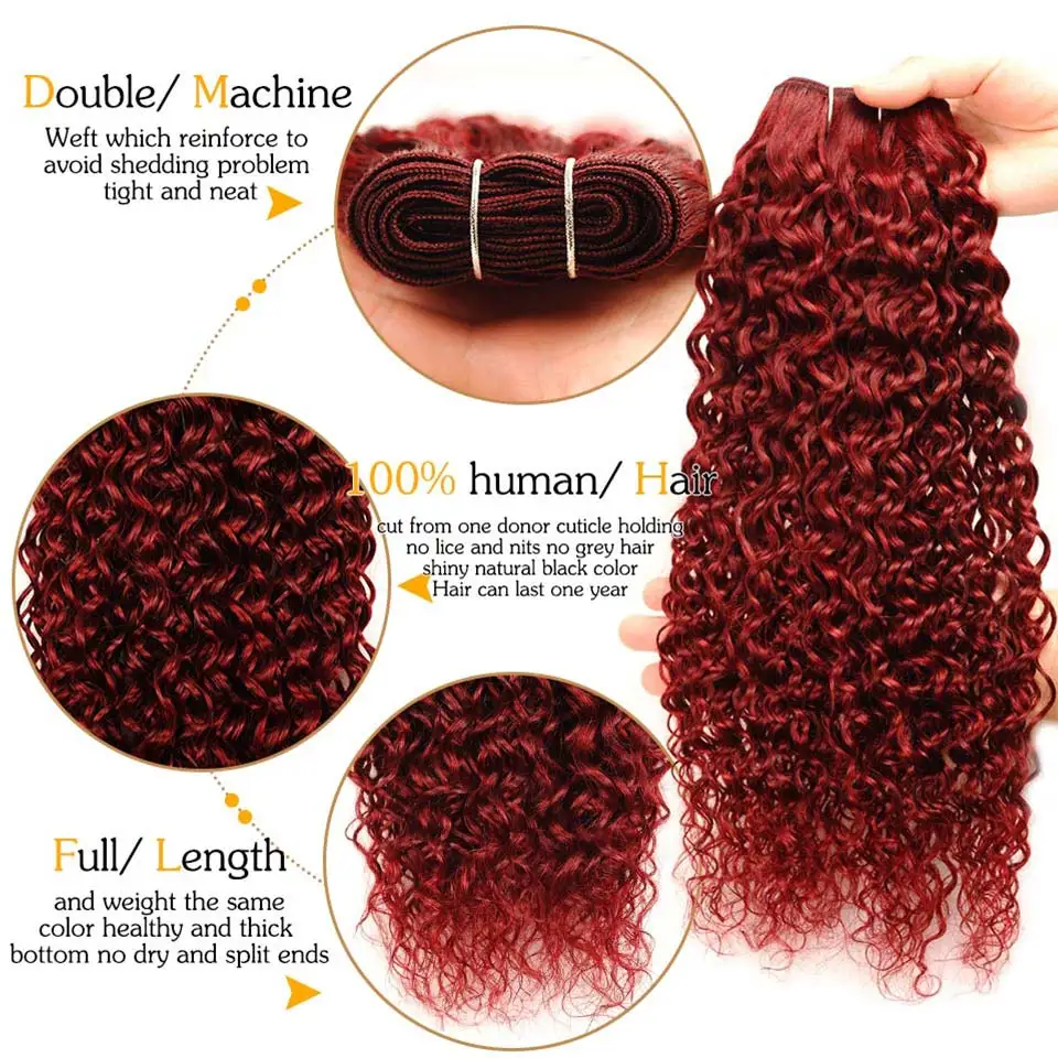 Pinshair 99J кудрявые пучки с закрытием бордовые перуанские натуральные волос не