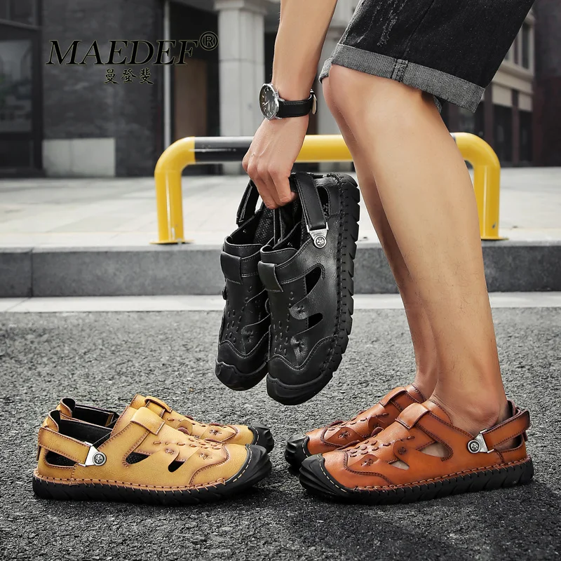 

MAEDEF Summer Outdoor Oversized Travel Footwear Slippers Men Hollow Out Breathable BeachCasual Slip-on Flats Sandals Men Shoes