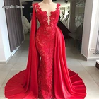 Красное Длинное кружевное вечернее платье-русалка без рукавов, 2021, прозрачное длинное официальное платье с аппликацией, баской, платье для выпускного вечера