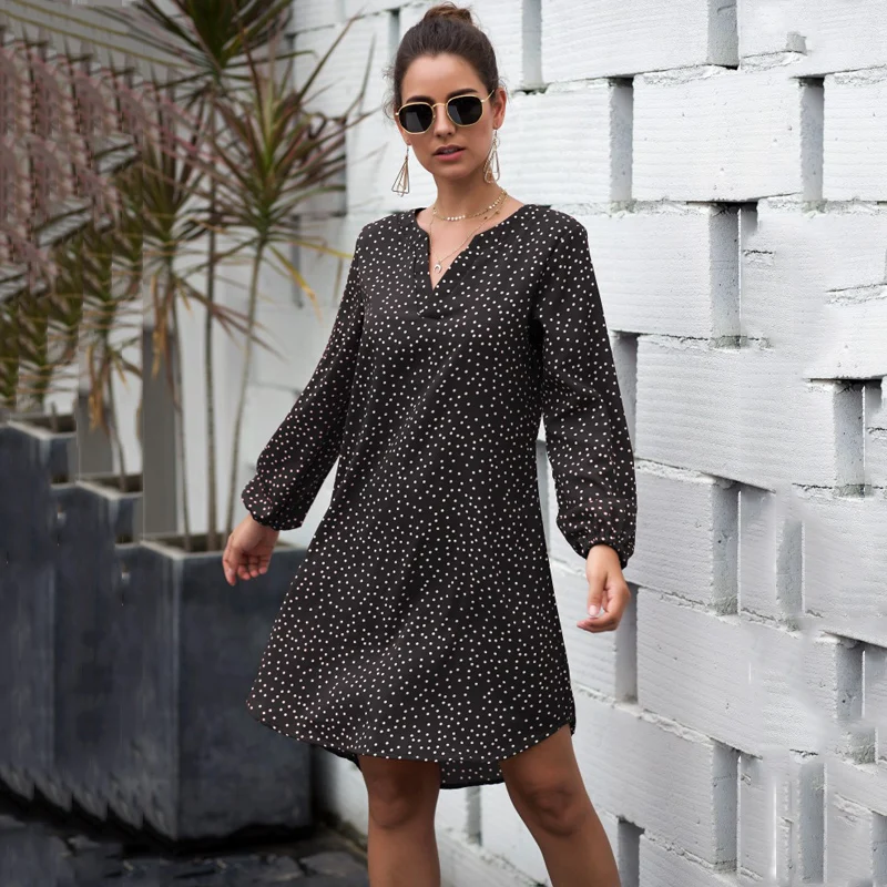 Женское платье в горошек с принтом осень весна длинным рукавом сексуальное v