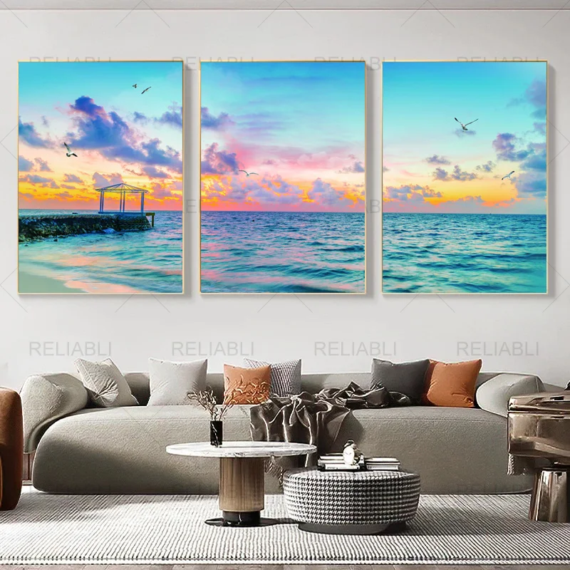 Современные 3 панели пейзаж мост океана плакаты и принты скандинавский стиль