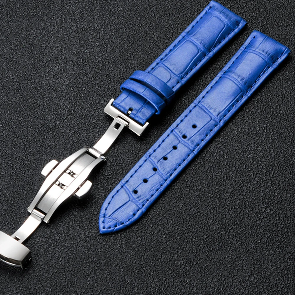 

High Quality Genuine Leather Watchbands 14/16/18/20/22/24mm Double Press Automatic Butterfly Buckle Strap Wrist Belt Bracelet