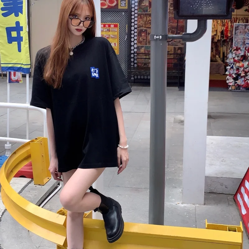 

21 Summer Ader Couple's Casual Loose round Neck Short-Sleeved Men's and Women's Embroidered Letter Pullover T-shirt