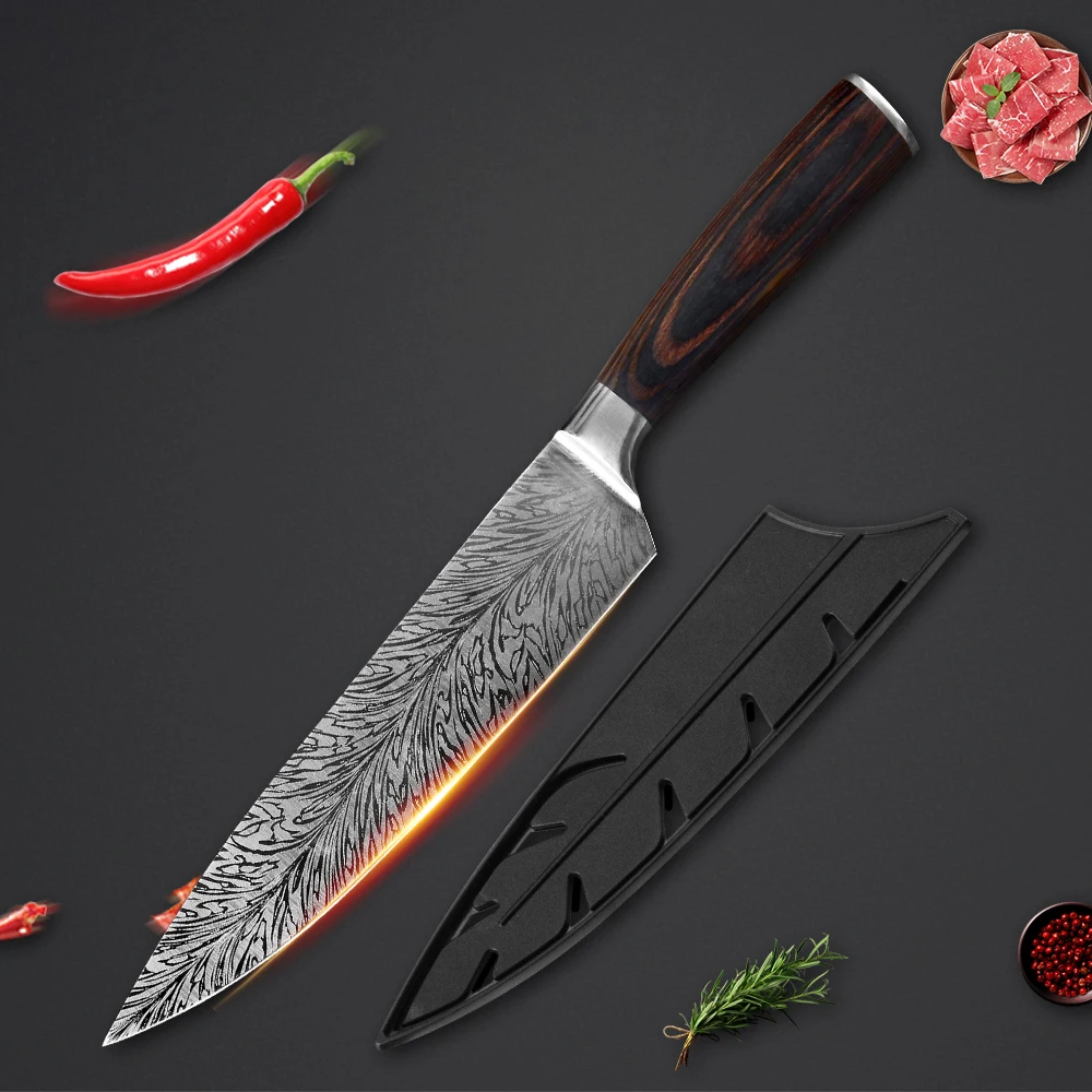 Кухонный нож QING многоцелевой с узором из перьев острый антипригарный шеф-повара