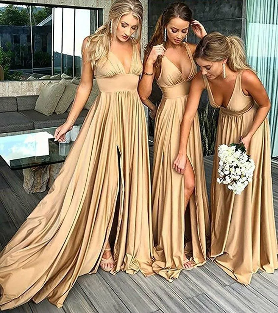 

Brautjungfer Kleider Lange V Neck Backless Split Prom Kleider fÃ¼r Frauen