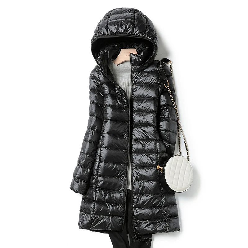 

Women 90% White Duck Down Jacket Autumn Female Ultra Light long Down Jackets Slim Solid Long Sleeve Hooded Parkas Candy Color