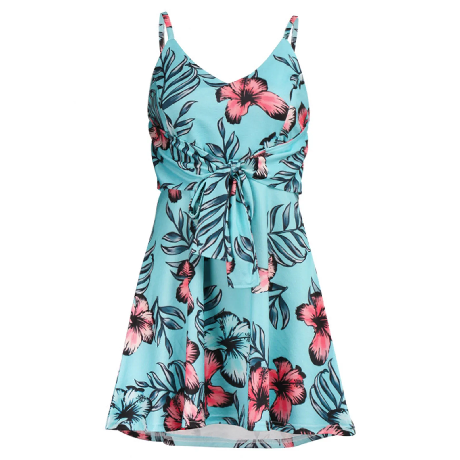 

Women Dress Boho Floral Print Holiday Dresses Spaghetti Strapv-neck Sleeveless Condole Belt A-line Beach Dress Vestidos Female