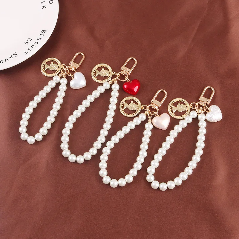 

Creative Imitation Pearl Chain Keyring Round Sailboat Metal Tag Car Keychain Female Girl Bag Heart Pendant Key Chains Gifts