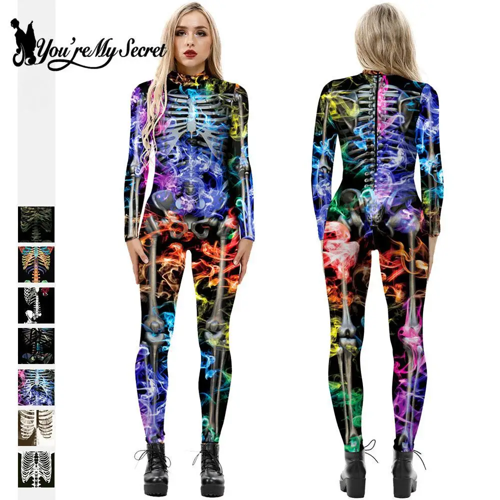 

[You're My Secret]Halloween Skeleton Bodysuits for Women 3D Printed Siamese leggings Jumpsuits Prom Party Cosplay Costume Unisex