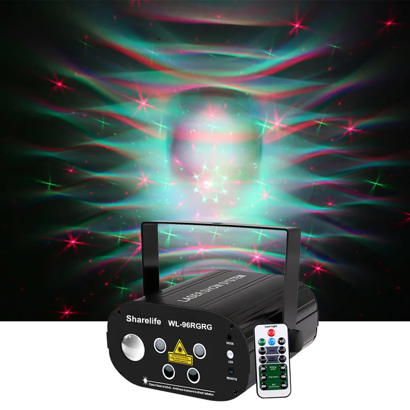 Sharelife Mini 4 Lens 96 RG Patterns Laser Light Mix RGB LED Aurora Remote Control Motor Speed DJ Gig Party Home Stage lighting