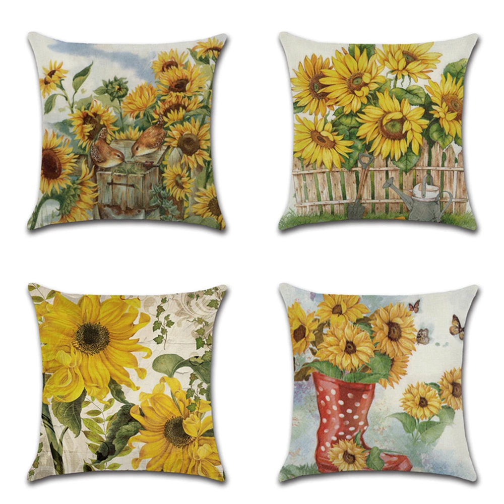 Hand-Painted Sunflower Theme Red rain boots Linen Cushion Cover 45X45cm Farm Pillow Case Home Decorative Pillows Cover For Sofa