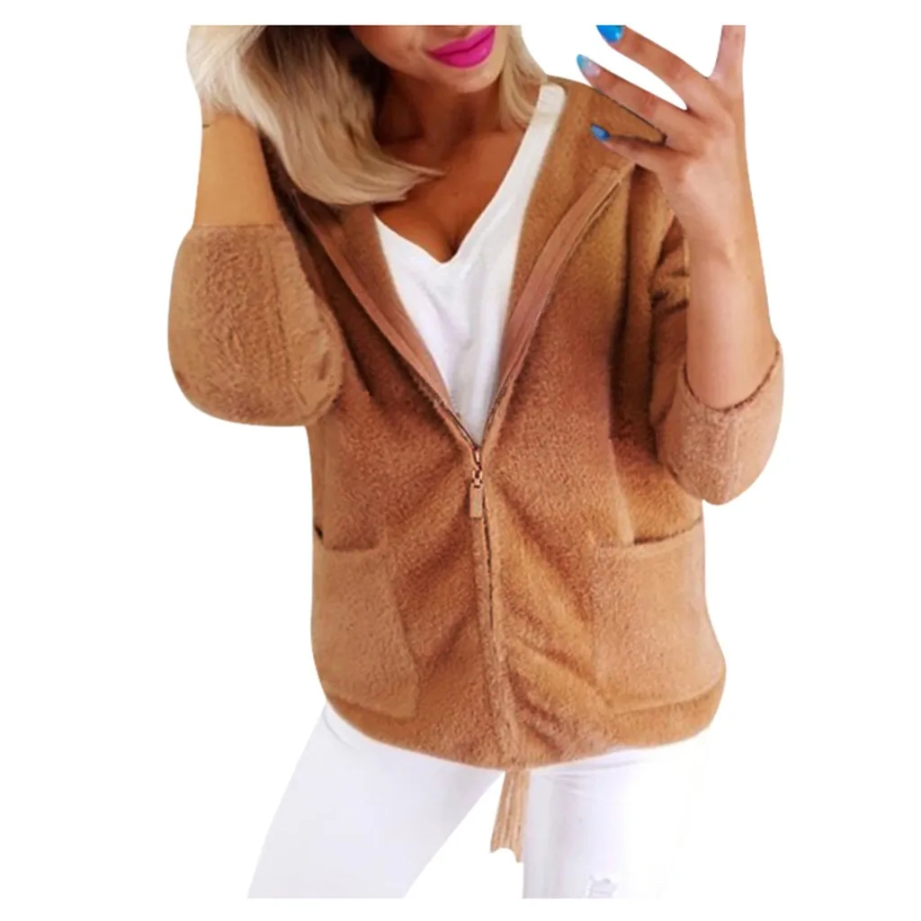 Женское зимнее пальто с длинным рукавом карманами на молнии капюшоном