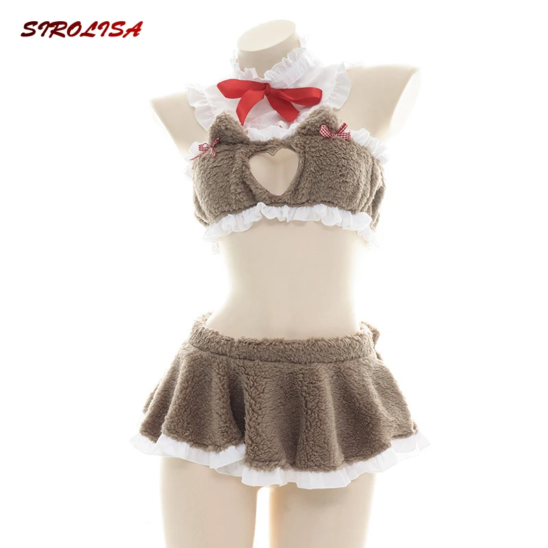 

Plush Women Love Cat Anime Cosplay Hollow Out Bow Lace Kawaii Cute Bra Set Sexy Tempatation Costume Sweet Sleepwear Lingerie New