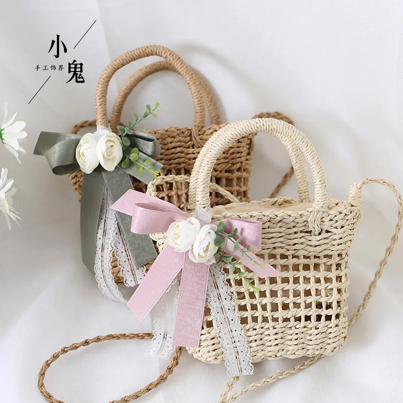 

Forest pastoral style Lolita lace rattan bag bow small fresh flowers messenger straw bag Lolita soft sister