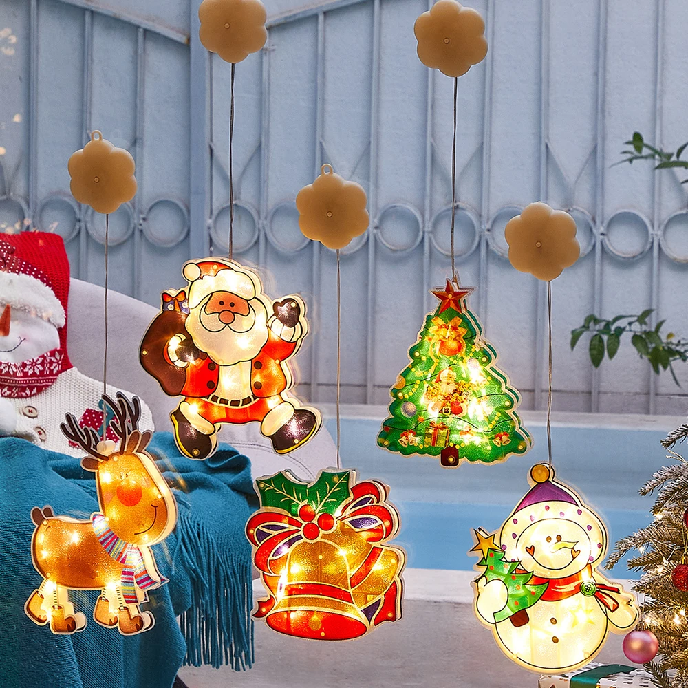 Christmas Window Decoration Led Suction Cup Light Snowman/Elk/Bells/Christmas Tree/Santa Claus Holiday Decorations