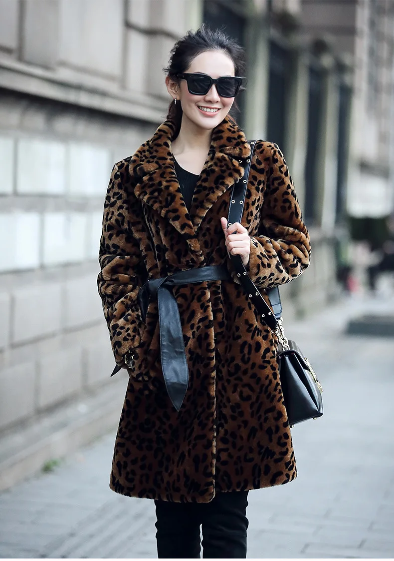 

Free Shipping European station leopard fur coat 2020 new style sheep fleece fur one woman medium long coat