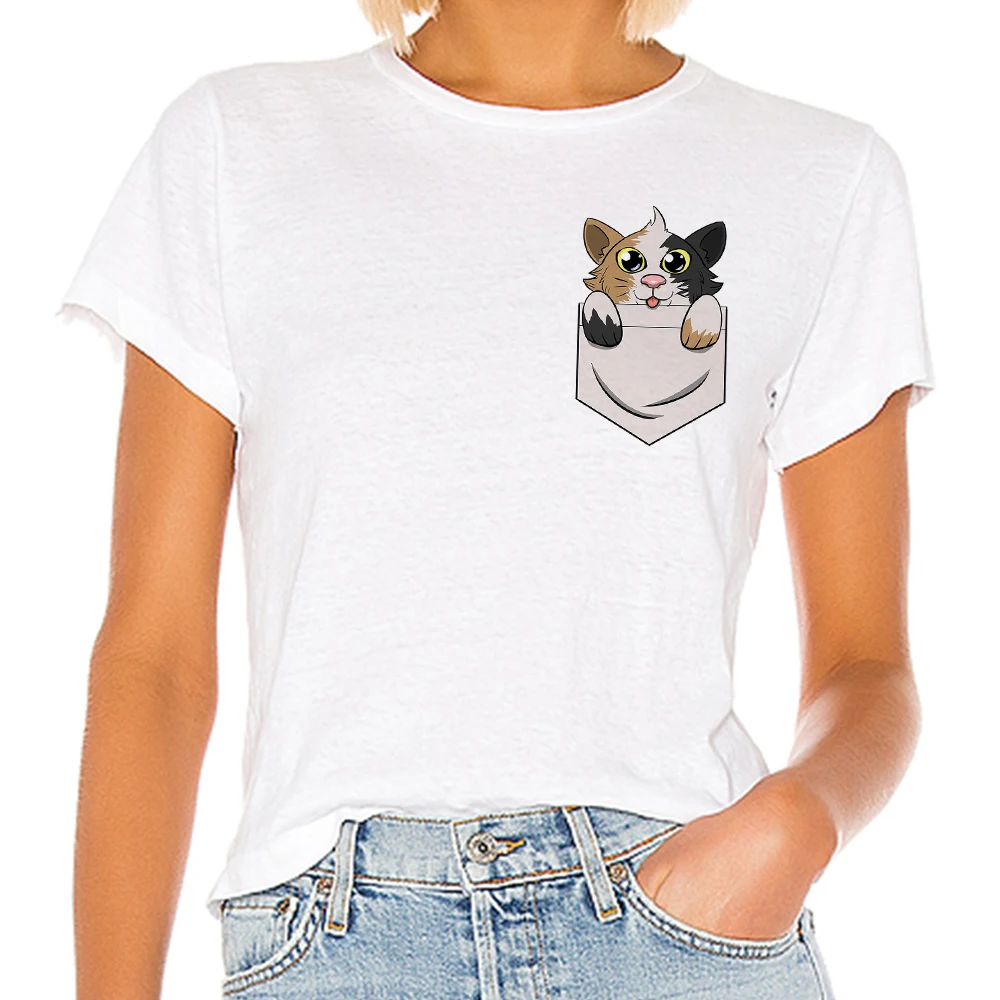 

2021 Clothes New Style T Shirt Woman Kitten Pocket Graphic Printed Hot Selling Shirt Fashion Women Summer Kawaii Female Top