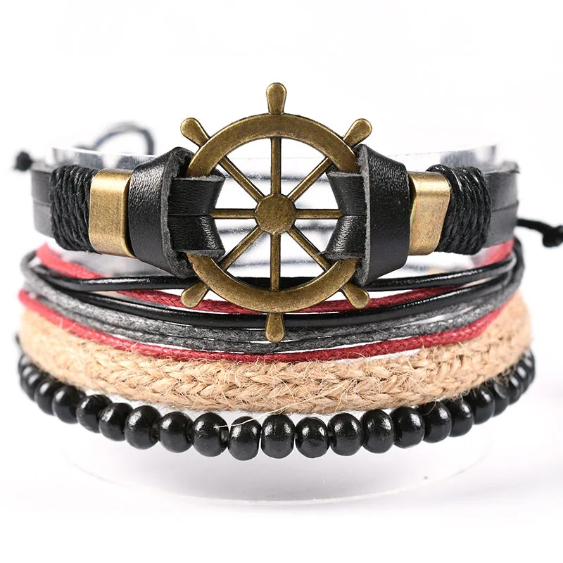 

European and American retro rudder leather bracelet hand-woven leather mens bracelet multi-layer combination hand rope jewelry