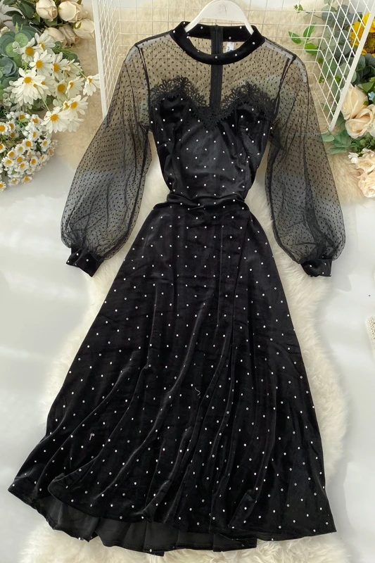 2019 Новая модная женская одежда осеннее бархатное белое платье в горошек женское |