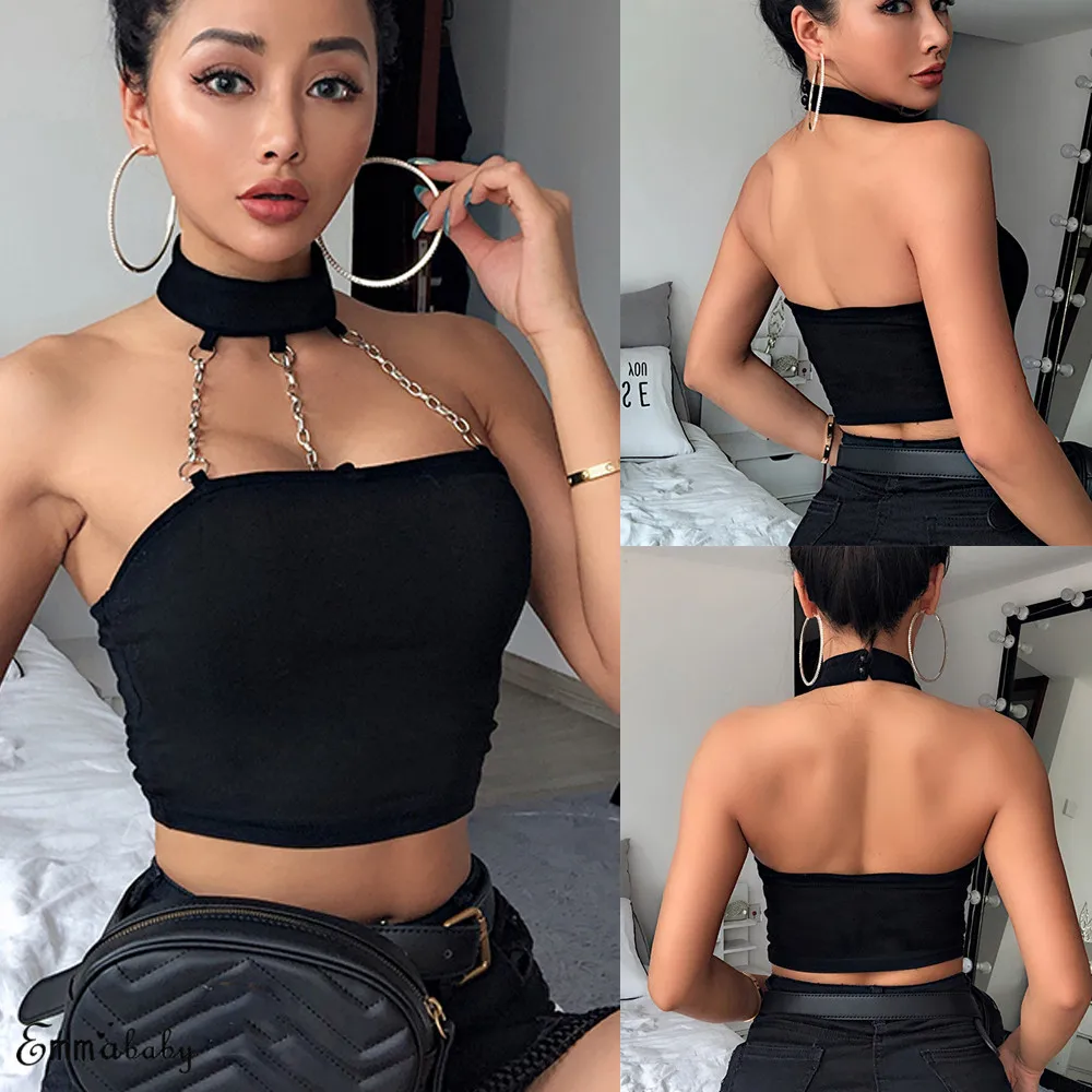 Женская сексуальная металлическая цепь Топы Блузка Холтер ожерелье панк кроп жилет топ рубашки