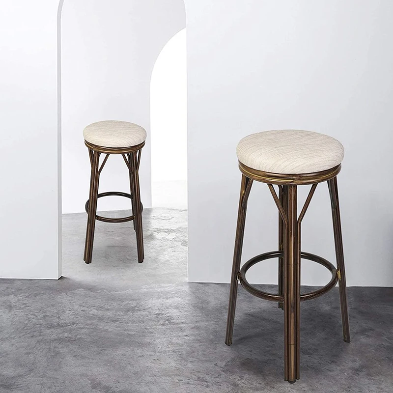 

2 Set Bar Stool Counter Height Bar Chairs With Footrest Round Top Pub Bistro Kitchen Dining Chair Beige PU Leather Kitchen Stool