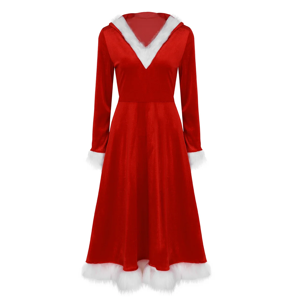 

Christmas Soft Velvet Dress Santa V-neck Long Sleeve Hooded Xmas Clothes Adult New Year Santa Costume Plush Warm Pleated Dresses