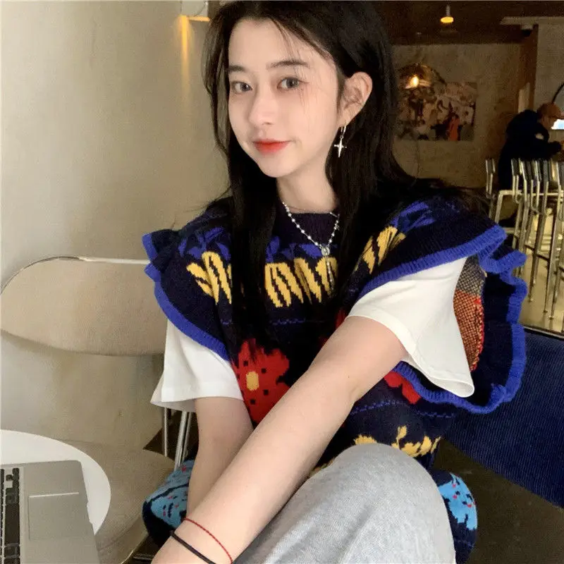 

Floral Knitted Crop Top Sweater Vest Sleeveless Tank Top Pullovers Harajuku Vintage Knitwear O Neck Loose Autumn Waistcoat L374