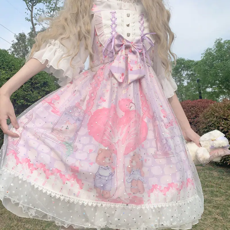 

Daily Summer Kawaii Cartoon Print Sleeveless Sling Dress Cosplay Costume Japanese Style Victorian Sweet Lolita Dress