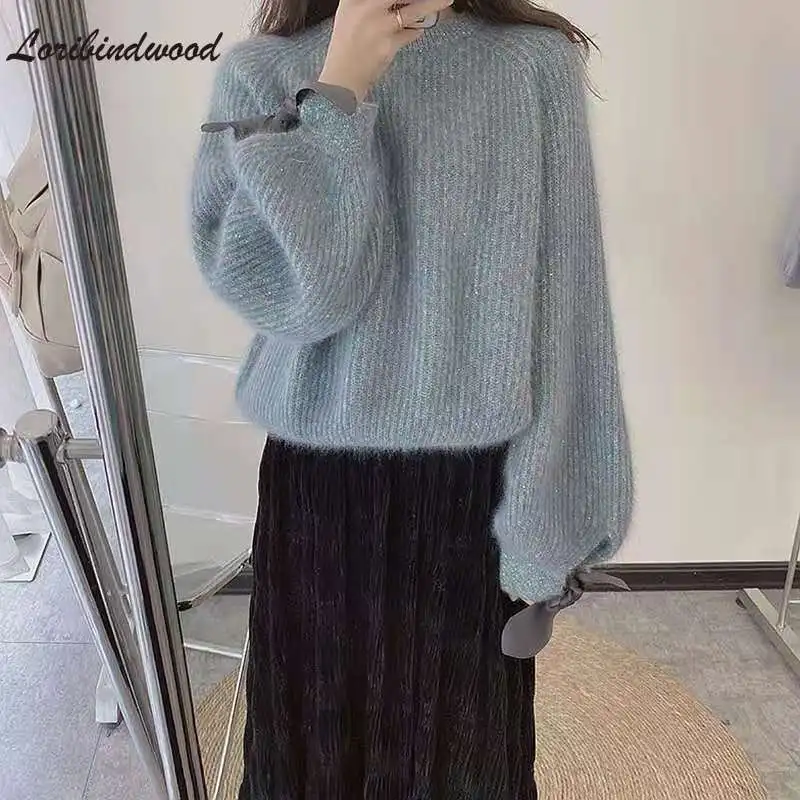 

Loribindwood 2021 Autumn and Winter Clothing Japanese Lazy Starry Sky Raccoon Velvet Chic Design Bow Pullover Wool Sweater