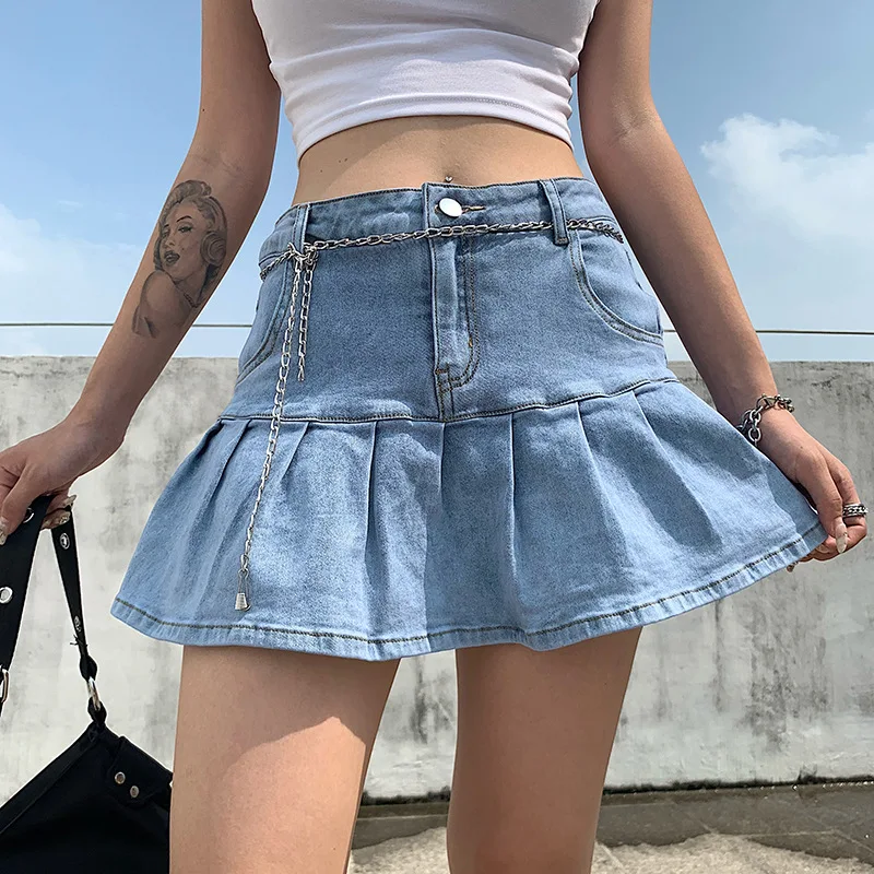 

Denim Pleated Skirts Mini Solid Casual Woman Fashion Korean Style High Waist Skirt with Lined Hot Club Party Girls 2021