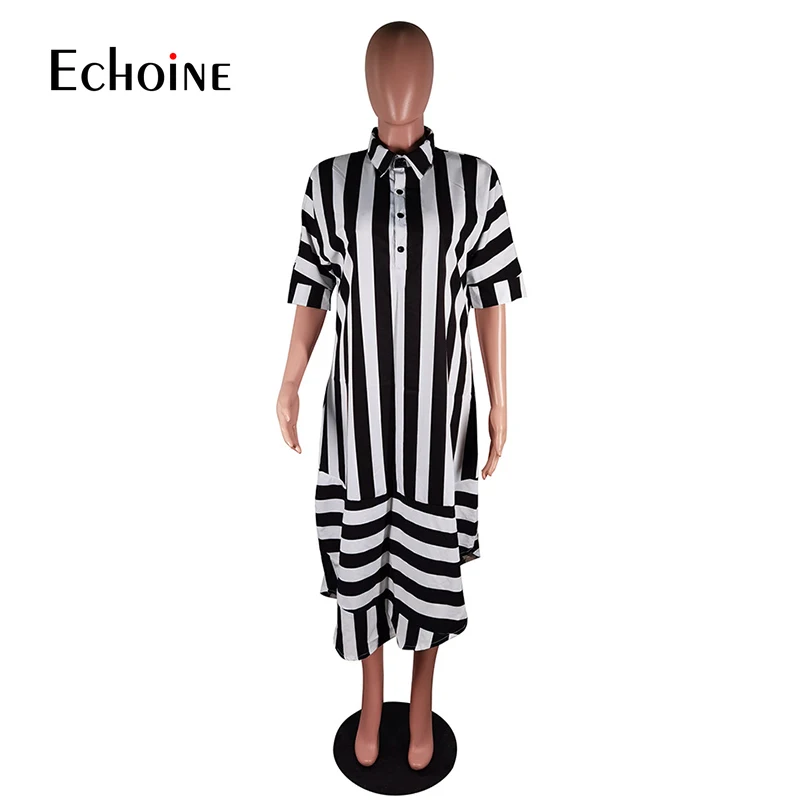 

Echoine Women Striped Print Half Length Sleeve Turn-down Neck Irregular Dress Fashion Streetwear Loose Slim Dresses Vestidos