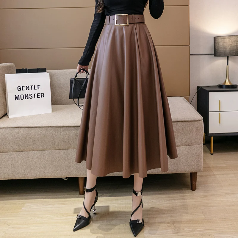 

Limiguyue Belt PU Leather Skirts Autumn Winter Loose Women A-line High Waist Long Maxi Jupe Elegant Pleated Skirt Office K3763