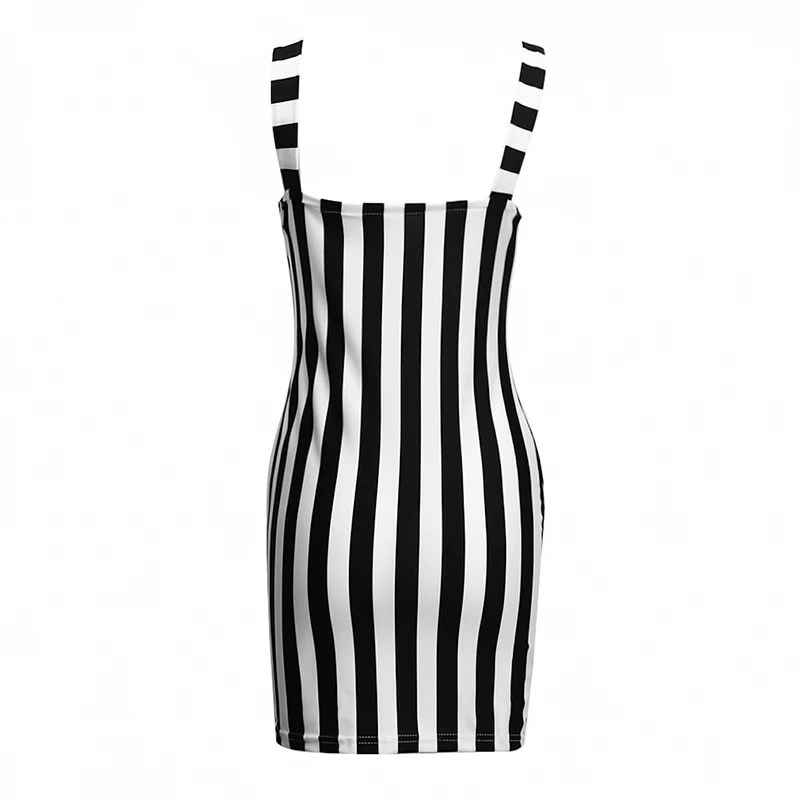 

Sexy Women Striped Pencil Dress Summer Backless Design Button Decor OL Dress Sleeveless Slim Package Hip Mini Elegant Dresses