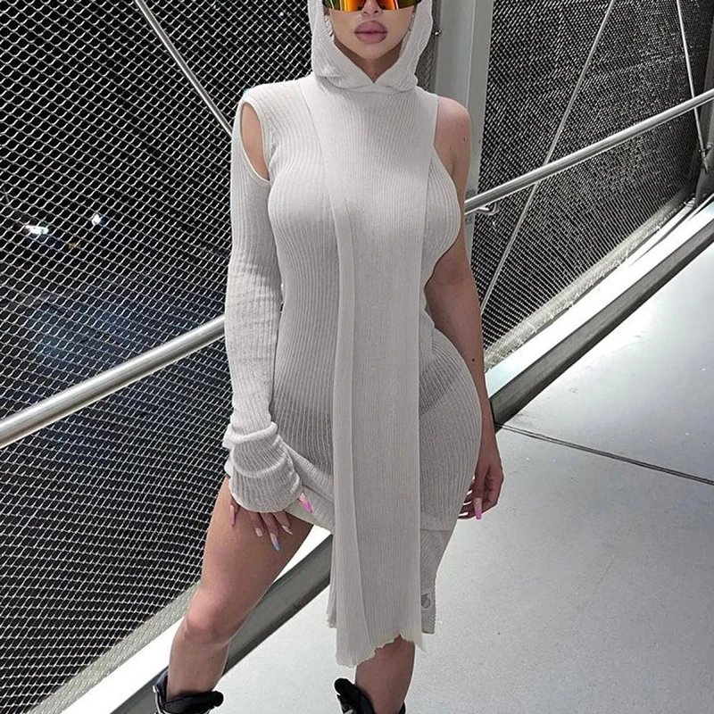 

hirigin Sexy Knitted Hooded Bodycon Dress Streetwear Women See Through Asymmetric One Shoulder Long Sleeve Dresses Vestidos