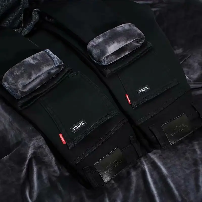 Мужские модные зимние джинсы мужские черные облегающие брюки из плотного