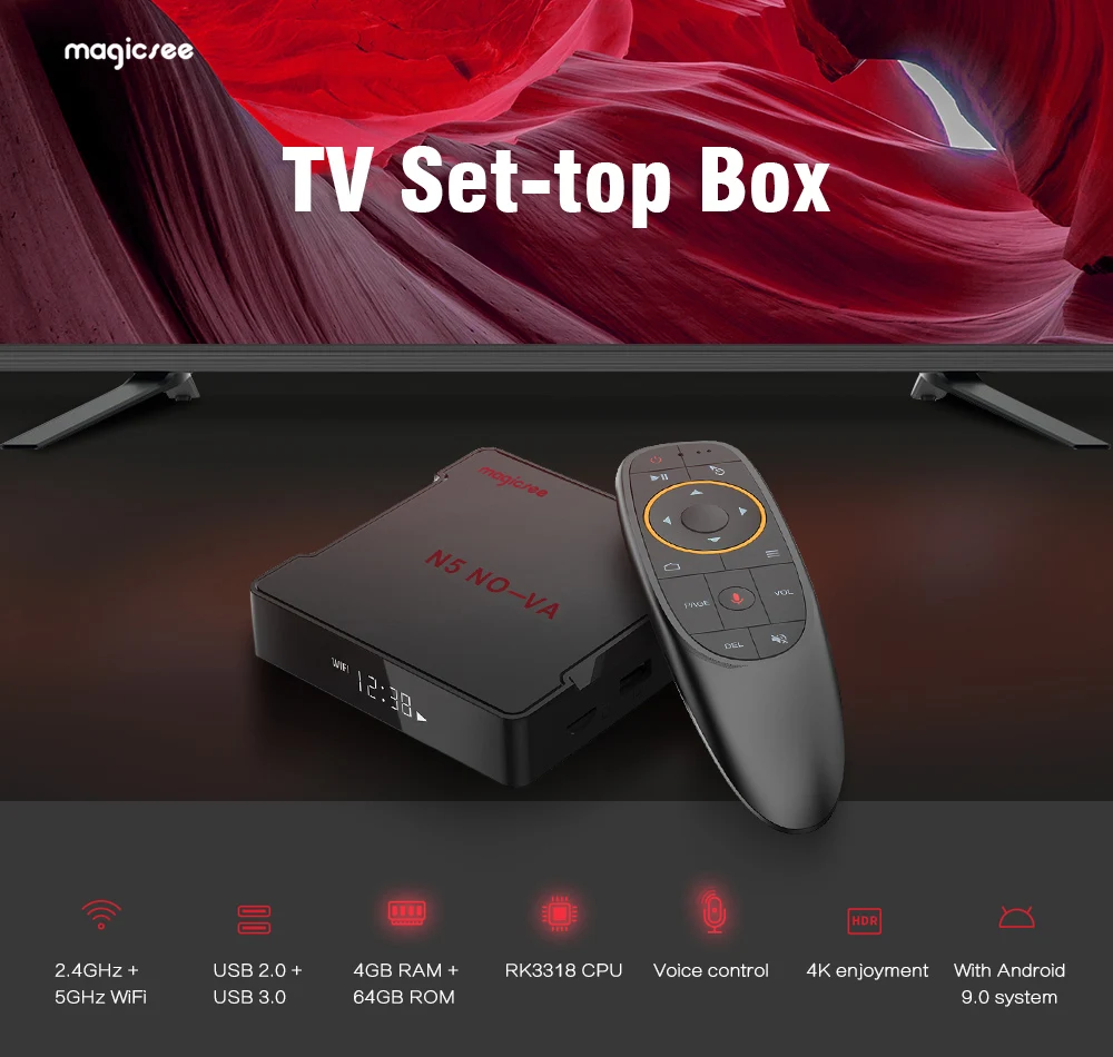MAGICSEE N5 NOVA tv Box 2,4G голосовой пульт с воздушной мышью Android 9,0 4 Гб ОЗУ 32 ГБ/64 Гб ПЗУ двухдиапазонный WiFi BT4.0 4K телеприставка