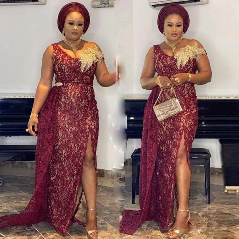 

Aso Ebi Burgundy Side Split Evening Dresses V Neck Appliques Side Train Full Lace Mermaid Prom Dress African Women Party Gowns