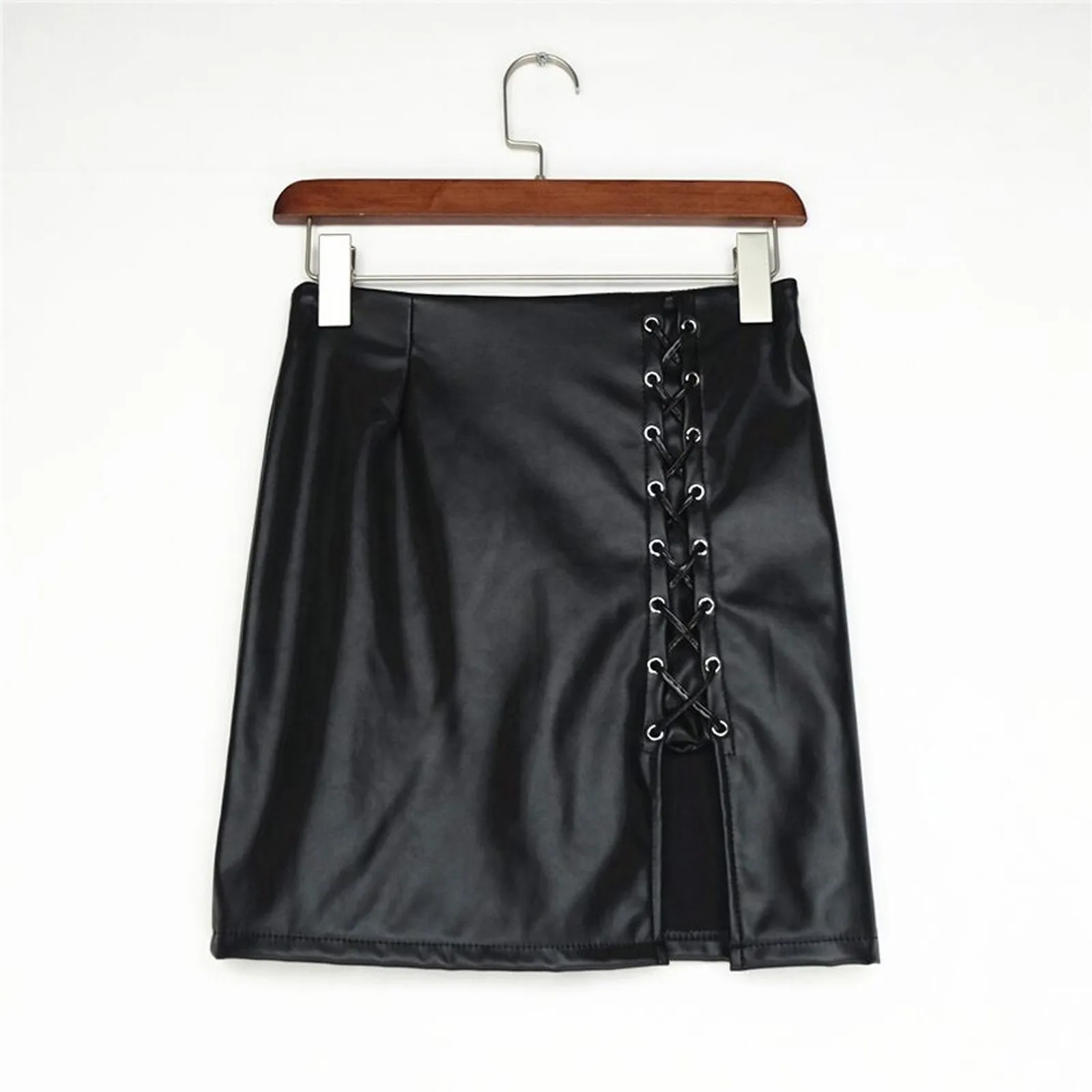 

Black PU Women's Leather Skirt Summer Front Split Pencil Midi Skirts Elegant High Waist Sheath Wrap Skirts with Belt 2021