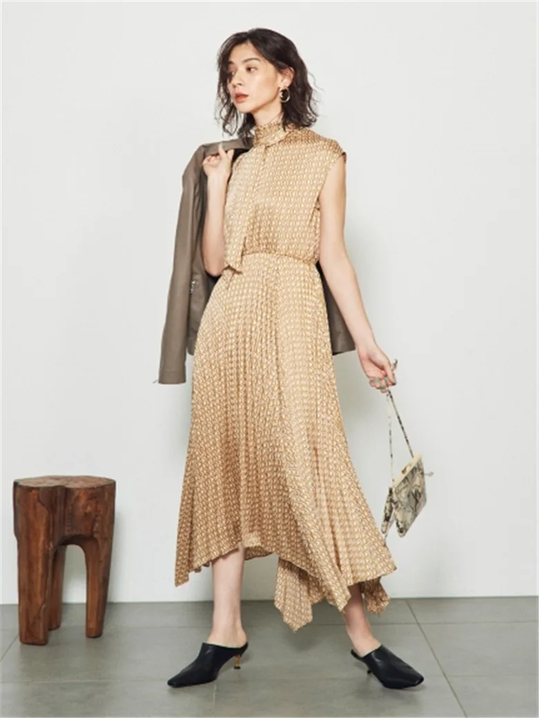 

Elegant Irregular Design Print Women Dress 2021 Summer French Retro Sleeveless Draped Vestidos Bow Drawstring Office Midi Dress