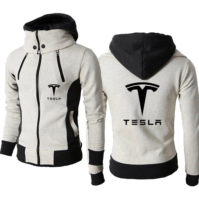

2021 New Hooded jacket top Tesla car logo print Casual Male Jackets 100% cotton Solid color Men coat Business Casual style